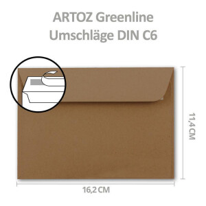 ARTOZ 25 x Briefumschläge DIN C6 - Farbe: grocer kraft (Kraftpapier dunkelbraun) - 11,4 x 16,2 cm - mit Haftklebung und Abziehstreifen - Serie Greenline
