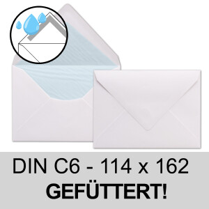 50x Briefumschläge Weiß DIN C6 gefüttert mit Seidenpapier in Hellblau 100 g/m² 11,4 x 16,2 cm mit Nassklebung ohne Fenster