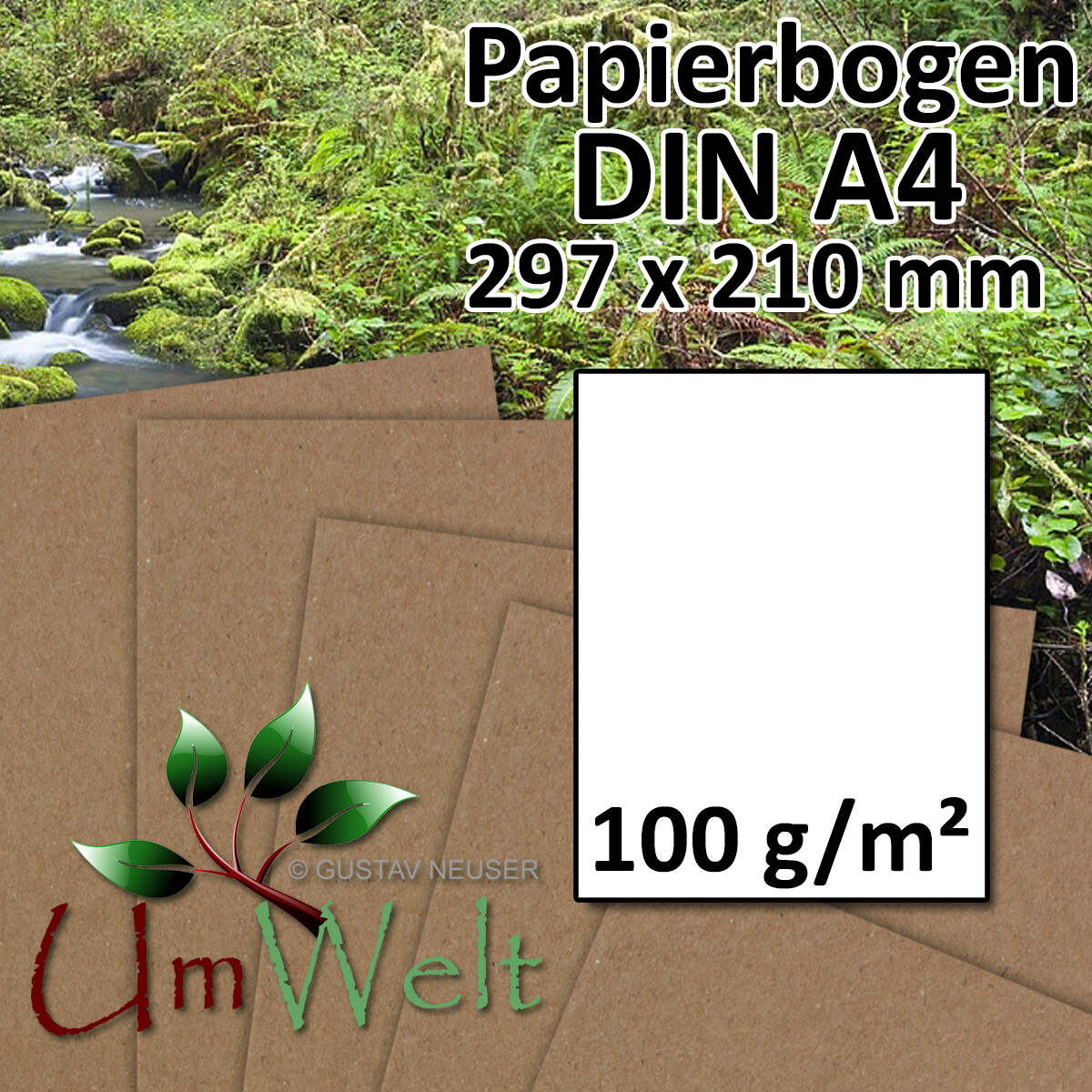 100% ökologisch Brief-Bogen Briefpapier I UmWelt by GUSTAV NEUSER® 200 Blatt I Vintage Kraftpapier DIN A4 120 g/m² braunes Recycling-Papier 