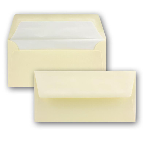 75x Briefumschläge in Ivory (Creme) - DIN Lang - 22 x 11 cm - mit gehämmerter Oberfläche - gefüttert mit weißem Seidenpapier - Nassklebung, gerade Klappe - ideal für Geburtstag und Hochzeit