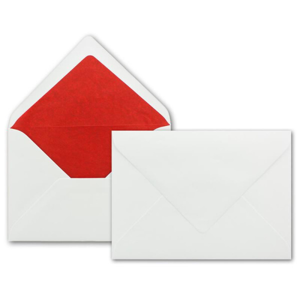 75 x Briefumschläge in weiss mit rotem Seidenfutter, DIN B6 12,5 x 17,6 cm, Nassklebung ohne Fenster - Ideal für Hochzeits-Einladungen Grußkarten Weihnachtskarten