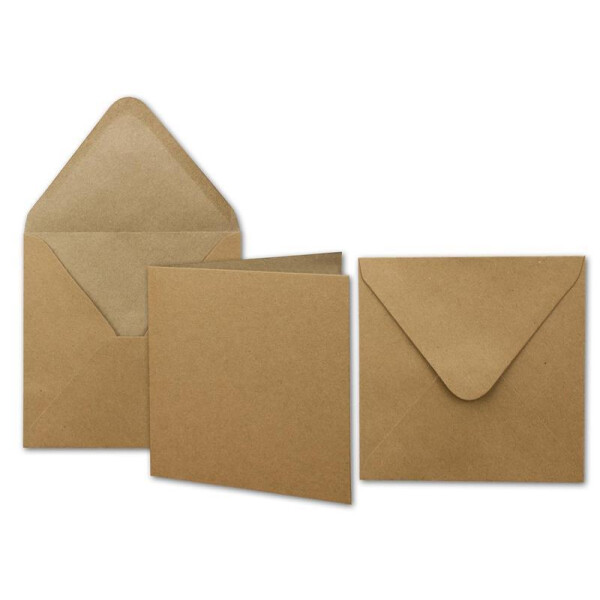 150x Kraftpapier-Karten Set quadratisch 13,5 x 13,5 cm mit Brief-Umschlägen - Recycling Vintage Karten-Set - für Einladungen