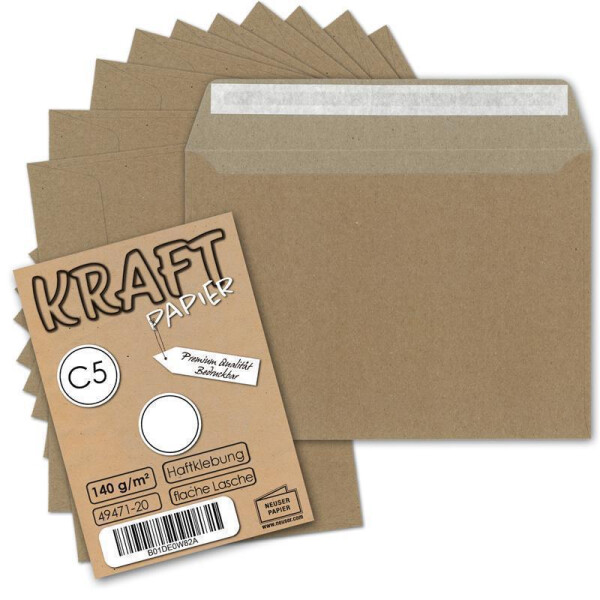200x Vintage Brief-Umschläge DIN C5 Kraftpapier 140 gr - 229 x 162 mm - braun - innen grau - nachhaltiges Recyclingpapier - Haftklebung - UmWelt by GUSTAV NEUSER