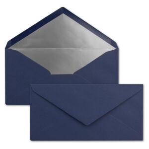 75 Brief-Umschläge DIN Lang - Dunkel-Blau / Nachtblau mit Silber-Metallic Innen-Futter - 110 x 220 mm - Nassklebung - festliche Kuverts für Weihnachten