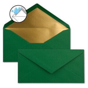 75 Brief-Umschläge DIN Lang - Dunkelgrün mit Gold-Metallic Innen-Futter - 110 x 220 mm - Nassklebung - festliche Kuverts für Weihnachten