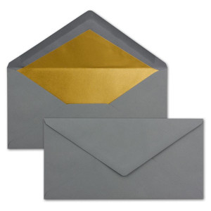 50 Brief-Umschläge DIN Lang - Graphit / Dunkel-Grau mit Gold-Metallic Innen-Futter - 110 x 220 mm - Nassklebung - festliche Kuverts für Weihnachten