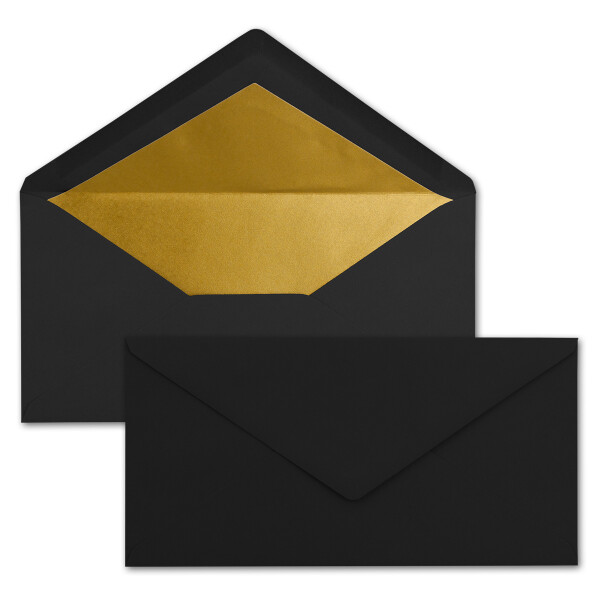 100 Brief-Umschläge DIN Lang - Schwarz mit Gold-Metallic Innen-Futter - 110 x 220 mm - Nassklebung - festliche Kuverts für Weihnachten