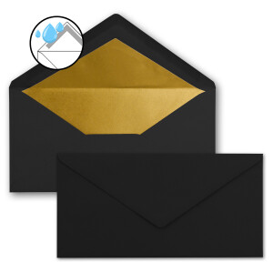 100 Brief-Umschläge DIN Lang - Schwarz mit Gold-Metallic Innen-Futter - 110 x 220 mm - Nassklebung - festliche Kuverts für Weihnachten