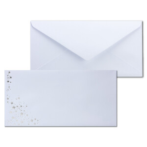 75x Briefumschläge mit Metallic Sternen - DIN Lang - Silber geprägter Sternenregen - Farbe: weiß, Nassklebung, 100 g/m² - 110 x 220 mm - ideal für Weihnachten