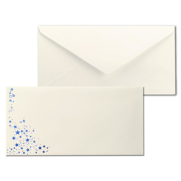 500x Briefumschläge mit Metallic Sternen - DIN Lang - Blau geprägter Sternenregen - Farbe: creme, Nassklebung, 80 g/m² - 110 x 220 mm - ideal für Weihnachten
