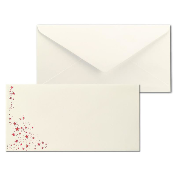 500x Briefumschläge mit Metallic Sternen - DIN Lang - Rot geprägter Sternenregen - Farbe: creme, Nassklebung, 80 g/m² - 110 x 220 mm - ideal für Weihnachten