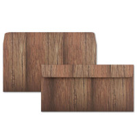 25x Design-Briefumschläge in Natur-Holz-Optik DIN lang, 11 x 22 cm, Farbe: braun Haftklebung mit Abziehstreifen 3 Jahre Garantie auf Klebung