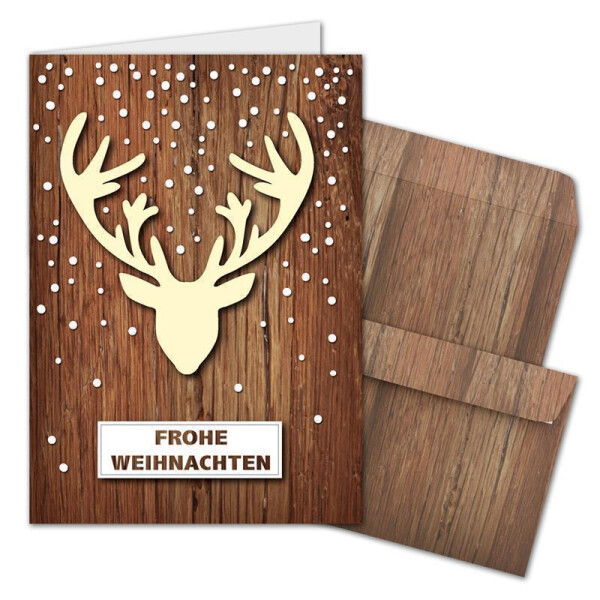 10x Weihnachtskarten-Set DIN A6 mit Elch-Motiv - Faltkarten mit passenden Umschlägen DIN C6 in dunkelbrauner Holz-Optik - Weihnachtsgrüße für Firmen und Privat