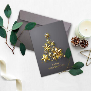 10x Weihnachtskarten-Set DIN A6 in Grau mit goldenem Weihnachtsbaum aus Sternen - Faltkarten mit passenden Umschlägen - Weihnachtsgrüße für Firmen und Privat