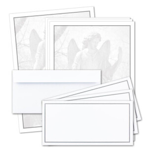 200 x Set Trauerpapier DIN A4 + Trauerumschläge DIN Lang - Motiv grauer Trauer-Rahmen mit einer Engels-Statue - 22 x 11 cm - bedruckbar - Kondolenz Set für Danksagung Trauer