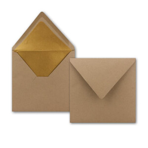 150 Quadratische Kuverts 16,5 x 16,5 cm aus Kraft-Papier in Sandbraun mit goldenem Seidenfutter - Nassklebung - 120 g/m² - NEUSER PAPIER
