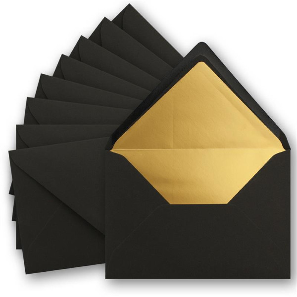 100x metallic Gold-gefütterte Brief-Umschläge DIN C5, schwarz - 156 x 220 mm - Nassklebung mit spitzer Klappe - FarbenFroh by GUSTAV NEUSER