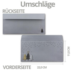 15x Weihnachtskarten-Set DIN Lang in Grau mit Weihnachtsbäumen in Scratch-Optik - Faltkarten mit passenden Umschlägen DIN Lang - Weihnachtsgrüße für Firmen und Privat