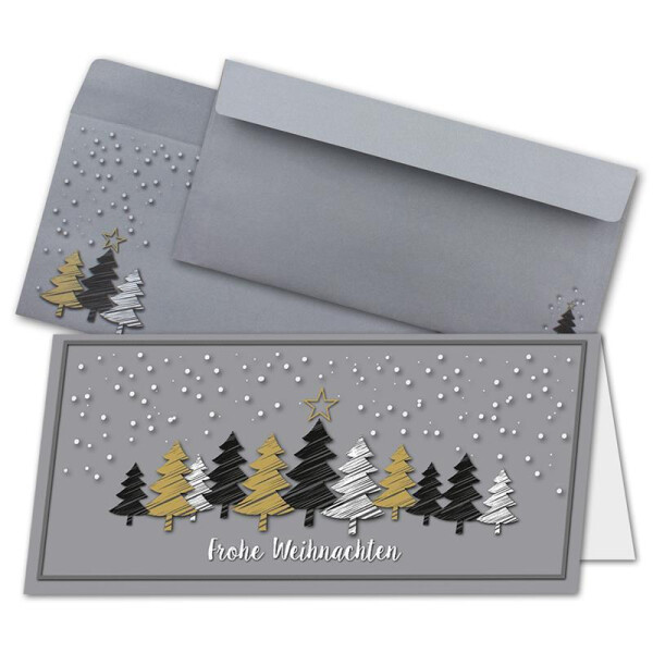 50x Weihnachtskarten-Set DIN Lang in Grau mit Weihnachtsbäumen in Scratch-Optik - Faltkarten mit passenden Umschlägen DIN Lang - Weihnachtsgrüße für Firmen und Privat