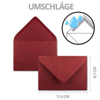 75x Karte mit Umschlag Set aus Einzel-Karten DIN A7 - 10,5x7,3 cm - Dunkelrot mit Brief-Umschlägen C7 Nassklebung ideale Geschenkanhänger