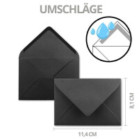 75x Karte mit Umschlag Set aus Einzel-Karten DIN A7 - 10,5x7,3 cm - Schwarz mit Brief-Umschlägen C7 Nassklebung ideale Geschenkanhänger