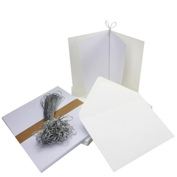 250x Falt-Karten Set in Kristallweiß inklusive Brief-Umschläge DIN B6 - Faltkarte B6 - Einlegeblatt und silbernem Schmuckband