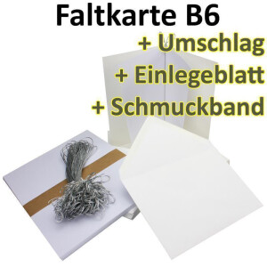 250x Falt-Karten Set in Kristallweiß inklusive Brief-Umschläge DIN B6 - Faltkarte B6 - Einlegeblatt und silbernem Schmuckband