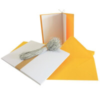 250x Falt-Karten Set in Honiggelb inklusive Brief-Umschläge DIN B6 - Faltkarte B6 - Einlegeblatt und silbernem Schmuckband