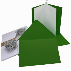 150x Falt-Karten Set in Dunkel-Grün inklusive Brief-Umschläge DIN B6 - Faltkarte B6 - Einlegeblatt und silbernem Schmuckband