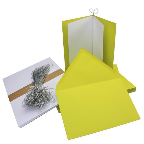 200x Falt-Karten Set in Limette gelb-grün inklusive Brief-Umschläge DIN B6 - Faltkarte B6 - Einlegeblatt und silbernem Schmuckband