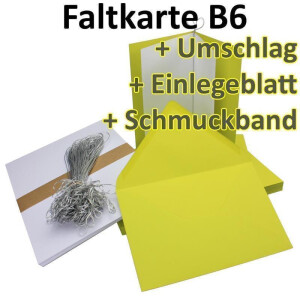 250x Falt-Karten Set in Limette gelb-grün inklusive Brief-Umschläge DIN B6 - Faltkarte B6 - Einlegeblatt und silbernem Schmuckband