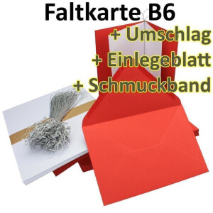 75x Falt-Karten Set in Rot inklusive Brief-Umschläge DIN B6 - Faltkarte B6 - Einlegeblatt und silbernem Schmuckband