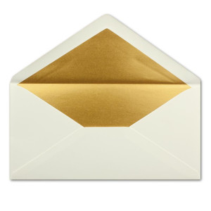 25 Brief-Umschläge DIN Lang - Naturweiss mit Gold-Metallic Innen-Futter - 110 x 220 mm - Nassklebung - festliche Kuverts für Weihnachten