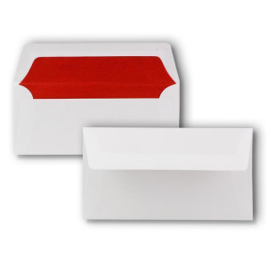 200 Briefumschläge Weiß - DIN Lang - gefüttert mit rotem Seidenpapier - 22 x 11 cm - Nassklebung, gerade Klappe - Ideal für Einladungen und Grüße zu Geburtstag und Weihnachten