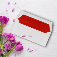 200 Briefumschläge Weiß - DIN Lang - gefüttert mit rotem Seidenpapier - 22 x 11 cm - Nassklebung, gerade Klappe - Ideal für Einladungen und Grüße zu Geburtstag und Weihnachten