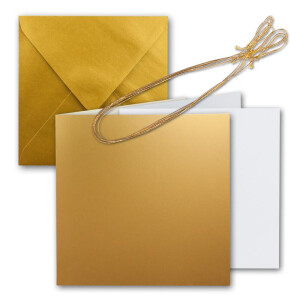 10x Quadratisches Faltkarten Set 15 x 15 cm - mit Briefumschlägen & Einlegeblätter & Schmuckband - Gold Metallic - für Einladungskarten, Hochzeit, Weihnachten - von GUSTAV NEUSER