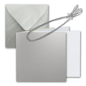200x Quadratisches Faltkarten Set 15 x 15 cm - mit Briefumschlägen & Einlegeblätter & Schmuckband - Silber Metallic - für Silberene Einladungskarten, Hochzeit, Weihnachten - von GUSTAV NEUSER