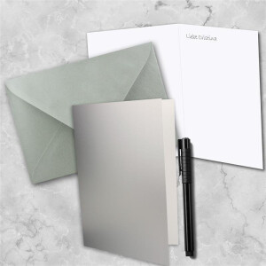 100 x Faltkarten-Set DIN A5 - Silber Metallic  inkl. Umschlägen DIN C5 und passenden Einlegeblättern in Weiß - blanko Klappkarten 14,8 x 21 cm
