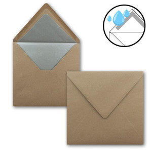 50 Quadratische Kuverts 16,5 x 16,5 cm aus Kraft-Papier in Sandbraun mit silbernem Seidenfutter - Nassklebung - 120 g/m² - NEUSER PAPIER