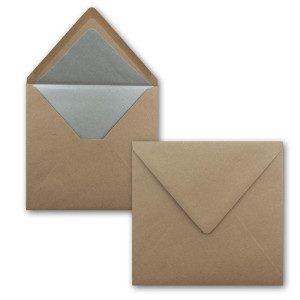 150 Quadratische Kuverts 16,5 x 16,5 cm aus Kraft-Papier in Sandbraun mit silbernem Seidenfutter - Nassklebung - 120 g/m² - NEUSER PAPIER