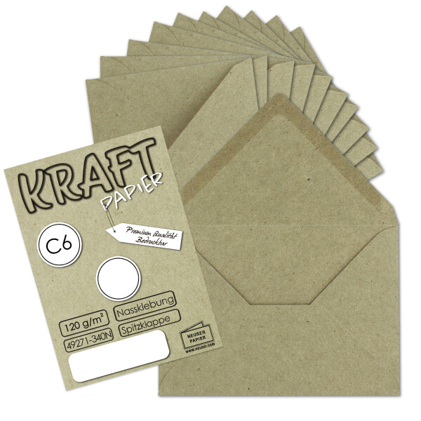 100x Kraftpapier Umschläge DIN C6 Grau / Grün - 11,4 x 16,2 cm ohne Fenster - Vintage Briefumschläge mit Nassklebung Spitzklappe - NEUSER PAPIER