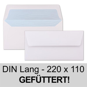 300 Briefumschläge Weiß - DIN Lang - gefüttert mit hellblauem Seidenpapier - 22 x 11 cm - Nassklebung, gerade Klappe - Ideal für Einladungen und Grüße zu Geburtstag und Weihnachten
