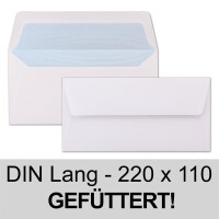 300 Briefumschläge Weiß - DIN Lang - gefüttert mit hellblauem Seidenpapier - 22 x 11 cm - Nassklebung, gerade Klappe - Ideal für Einladungen und Grüße zu Geburtstag und Weihnachten