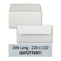100 Briefumschläge Weiß - DIN Lang - gefüttert mit weissem Seidenpapier - 22 x 11 cm - Nassklebung, gerade Klappe - Ideal für Einladungen und Grüße zu Geburtstag und Weihnachten