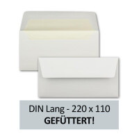 25 Briefumschläge Weiß - DIN Lang - gefüttert mit naturweißem Seidenpapier - 22 x 11 cm - Nassklebung, gerade Klappe - Ideal für Einladungen und Grüße zu Geburtstag und Weihnachten
