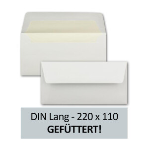 50 Briefumschläge Weiß - DIN Lang - gefüttert mit naturweißem Seidenpapier - 22 x 11 cm - Nassklebung, gerade Klappe - Ideal für Einladungen und Grüße zu Geburtstag und Weihnachten