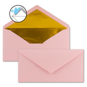 200 Brief-Umschläge DIN Lang - Rosa mit Gold-Metallic Innen-Futter - 110 x 220 mm - Nassklebung - festliche Kuverts für Taufe & Geburt