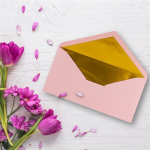 75 Brief-Umschläge DIN Lang - Rosa mit Gold-Metallic Innen-Futter - 110 x 220 mm - Nassklebung - festliche Kuverts für Taufe & Geburt