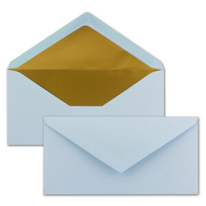 25 Brief-Umschläge DIN Lang - Hell-Blau mit Gold-Metallic Innen-Futter - 110 x 220 mm - Nassklebung - festliche Kuverts für Taufe & Geburt