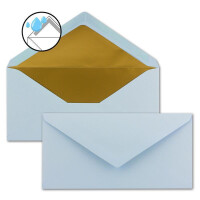25 Brief-Umschläge DIN Lang - Hell-Blau mit Gold-Metallic Innen-Futter - 110 x 220 mm - Nassklebung - festliche Kuverts für Taufe & Geburt